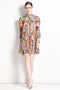 Runway Fashion Autumn Soft Satin Abstract Print, Mock Neck, Lantern Sleeve Office, Party, Holiday's Dress